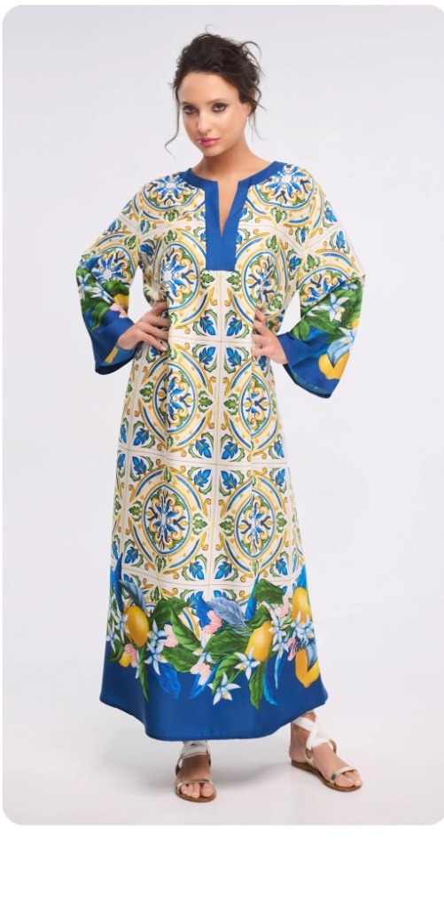 Blue Tile & Lemon Print Maxi Dress