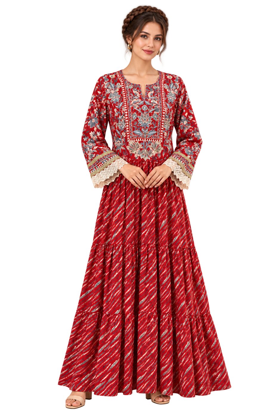 Red Floral and Diagonal Stripe Tiered Dress