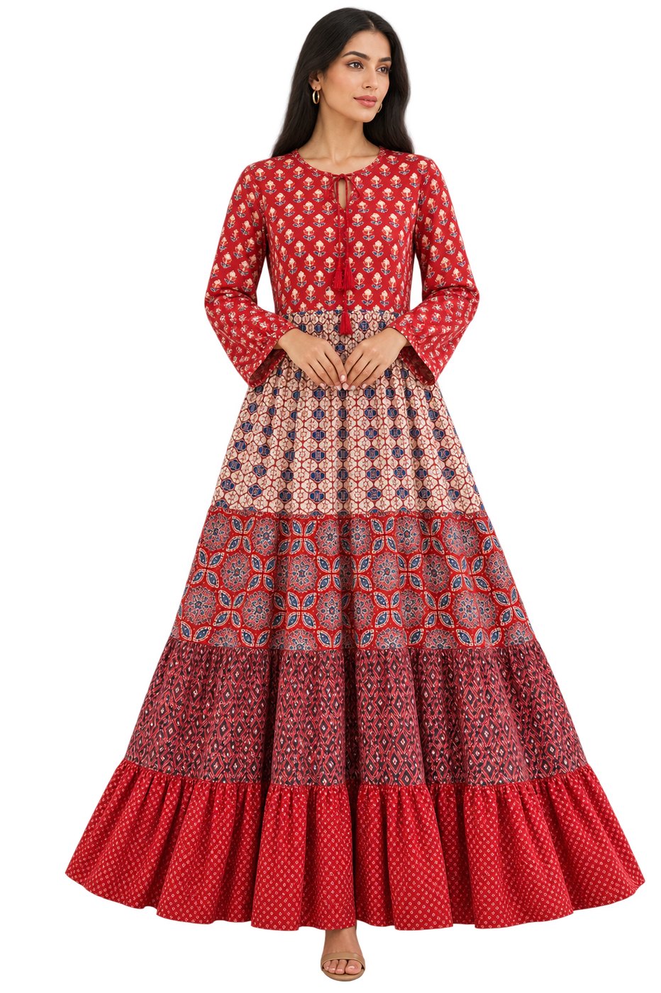Red Mixed Print Tiered Maxi Dress