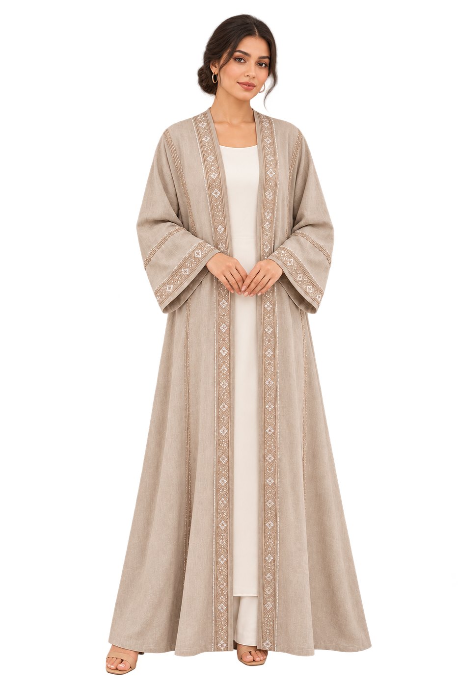 Taupe Geometric Trim Long Jacket