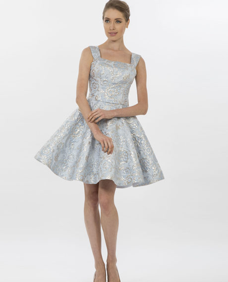 light blue brocade sleeveless short dress